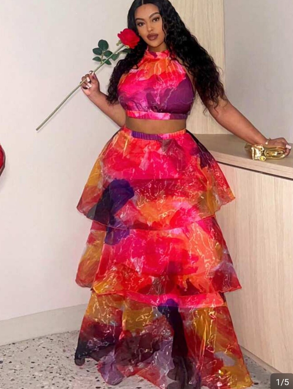 Vibrant Multi-Color Tiered Maxi Skirt/top Set - Bold Pink & Red Print